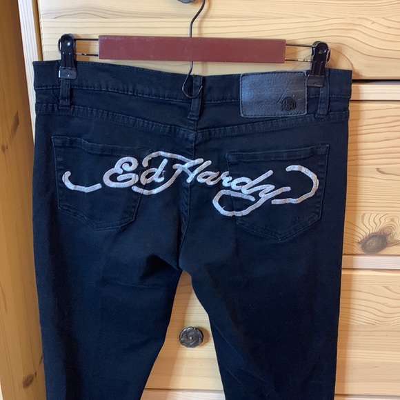 Ed Hardy Black Silver Embroidered Logo Y2k Jeans Size 29 Skinny - Picture 2 of 9